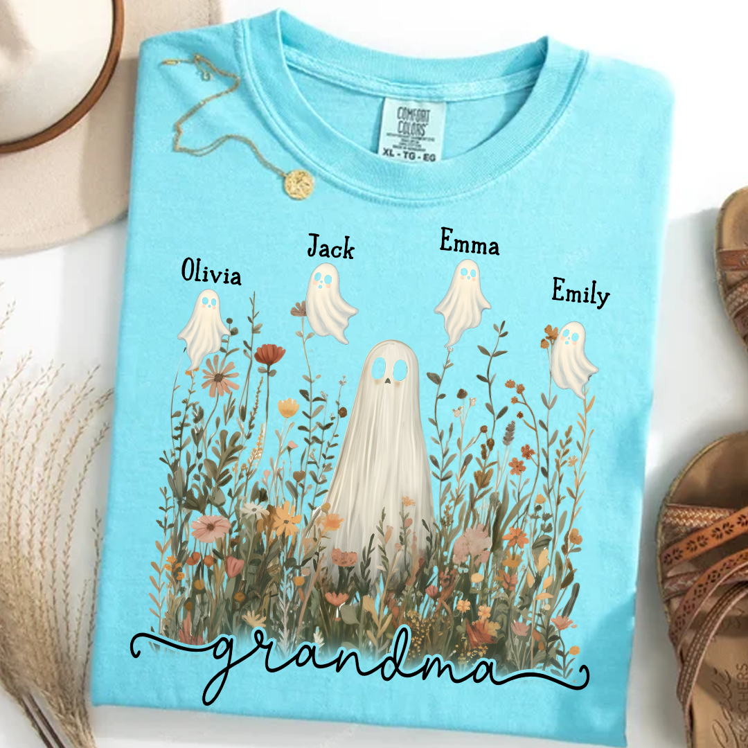 Comfort Colors® Grandma Cute Ghost in Wildflowers And Grandkids T-Shirt