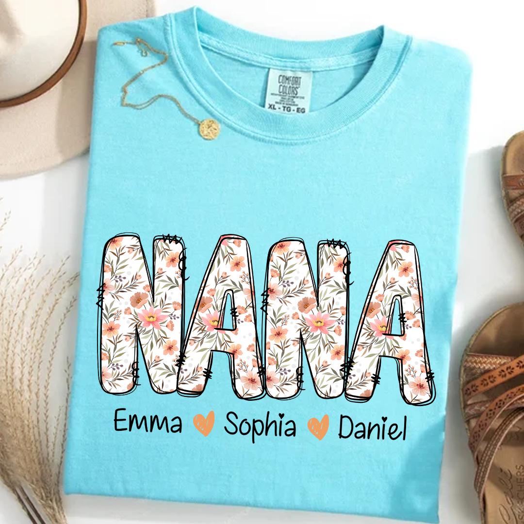 Comfort Colors® Nana Flower 2025 Shirt, Custom Grandma And Grandkids Shirt