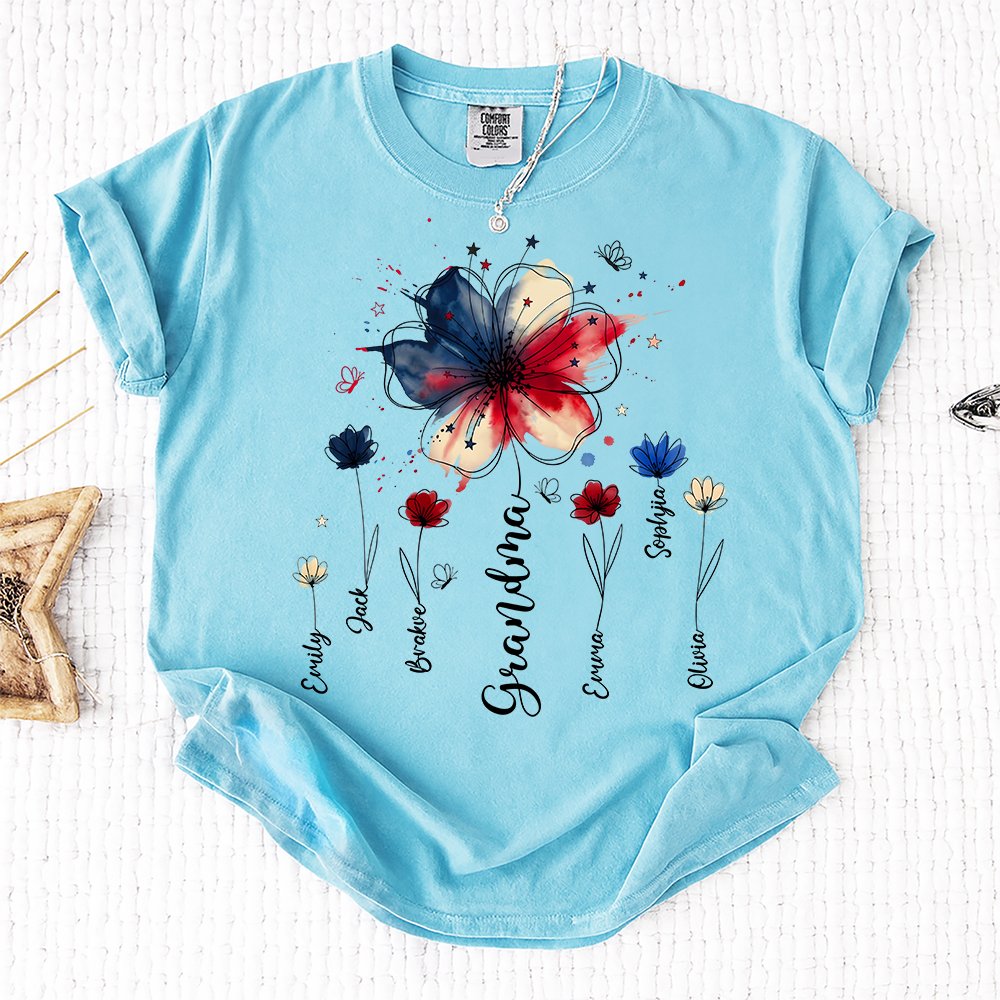 Personalized Grandma Wildflower Shirt, Custom Kids Names Floral Tee for Nana Mimi Gigi Grammy, Patriotic Flower Gift for Grandma Birthday Mothers Day Shirt