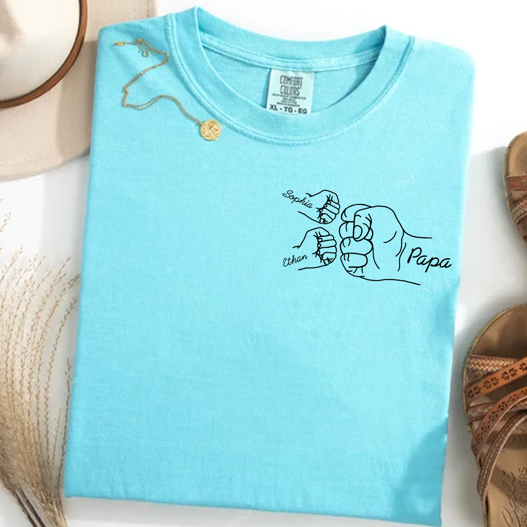 Comfort Colors® Personalized Papa Fist Bump Shirt Custom Kids Names, Grandpa Family Hand Line Art T Shirt for Papa Dad Grandfather, Matching Family Fathers Day Birthday Gift from Kids Grandchildren