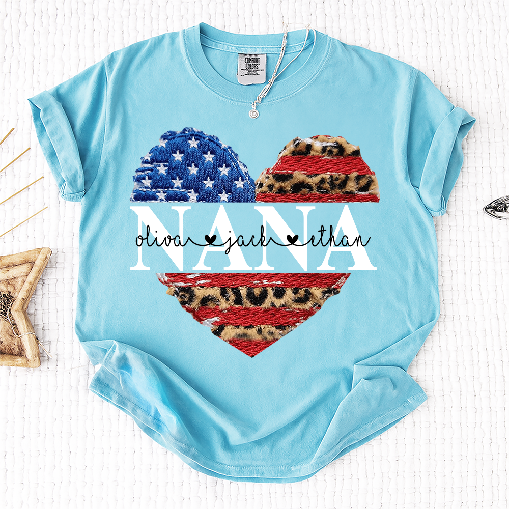 Comfort Colors® Personalized Nana Patriotic Heart Shirt with Grandkids Names, Custom Family Nickname Tee, American Flag Leopard Print, 4th of July Outfit Gift For Mother's Day Birthday