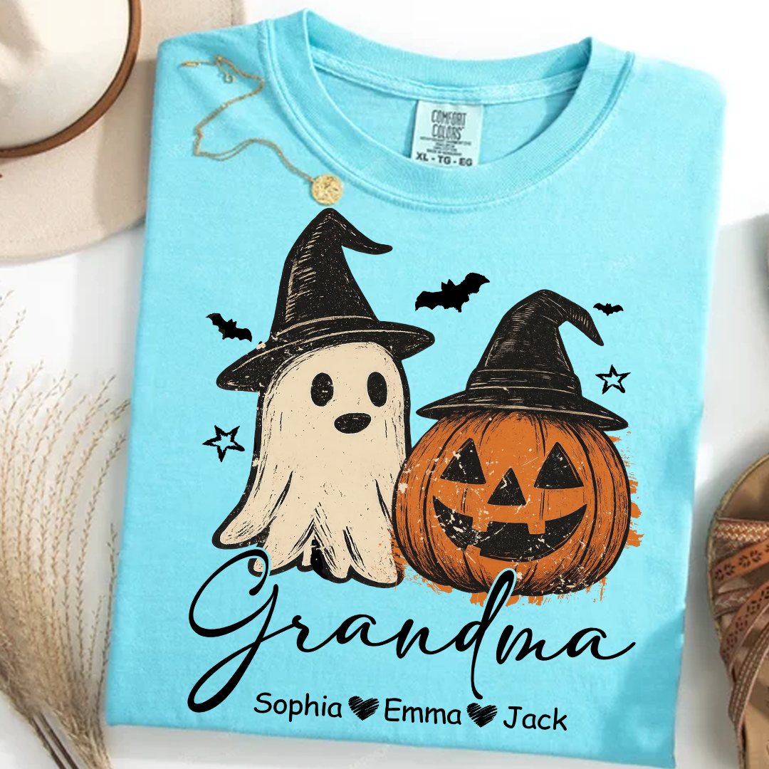 Comfort Colors® Grandma Floral Pumpkin, Ghost Pumpkin And Grandkids T-Shirt