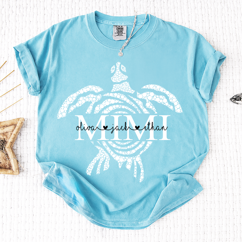 Comfort Colors® Personalized Mimi Mimi Sea Turtle Shirt, Custom Grandkids Names Beach Shirt,Custom Family Names Gift for Grandma