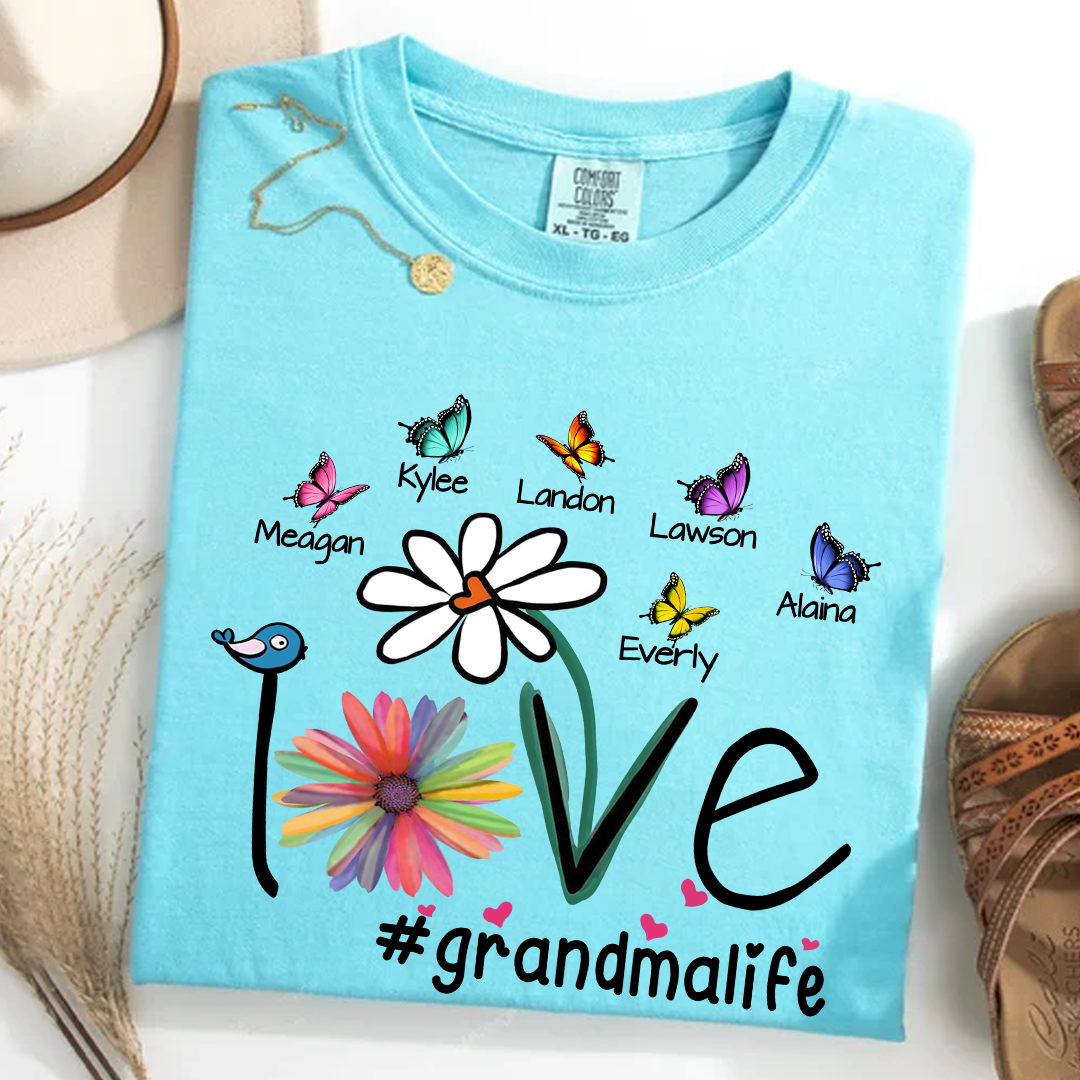 Comfort Colors® Love Grandma Butterfly T-Shirt, Custom Grandma With Grandkids Shirt