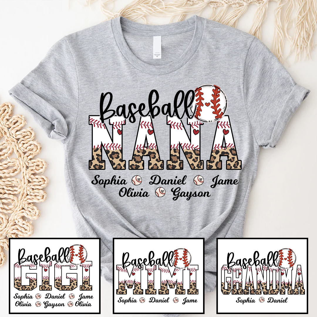 Leopard Baseball Nana Personalized Grandma And Grandkids T-shirt