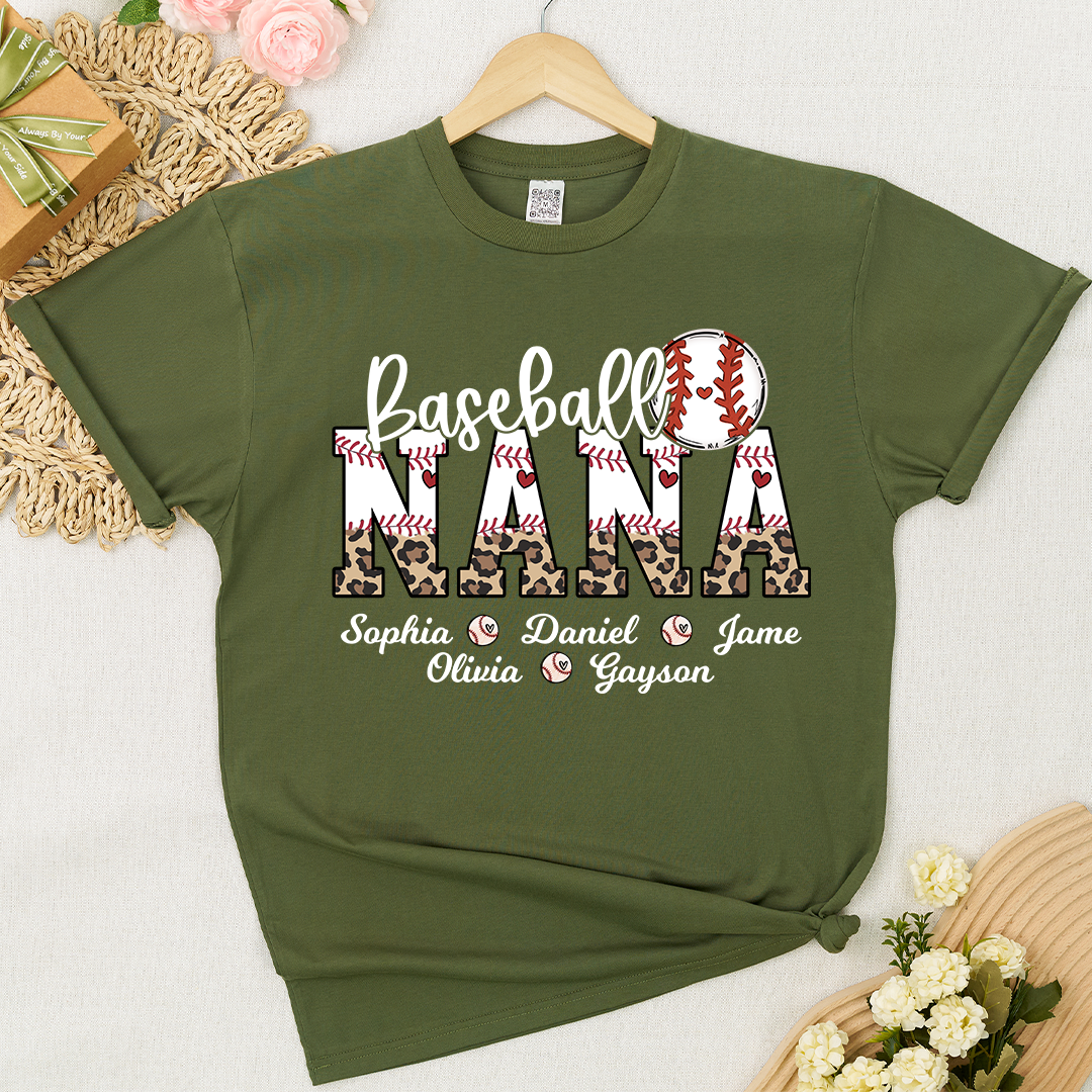 Leopard Baseball Nana Personalized Grandma And Grandkids T-shirt