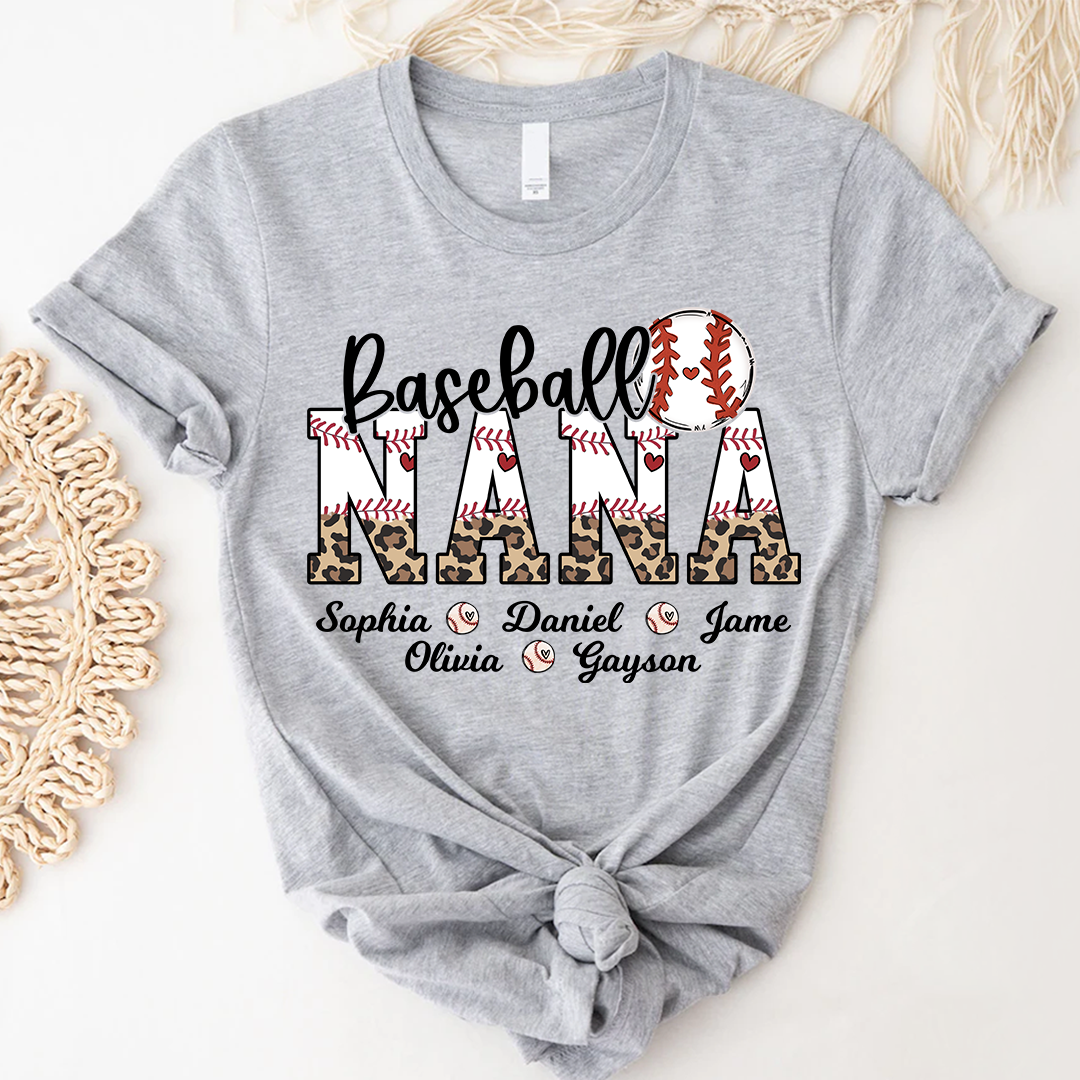 Leopard Baseball Nana Personalized Grandma And Grandkids T-shirt