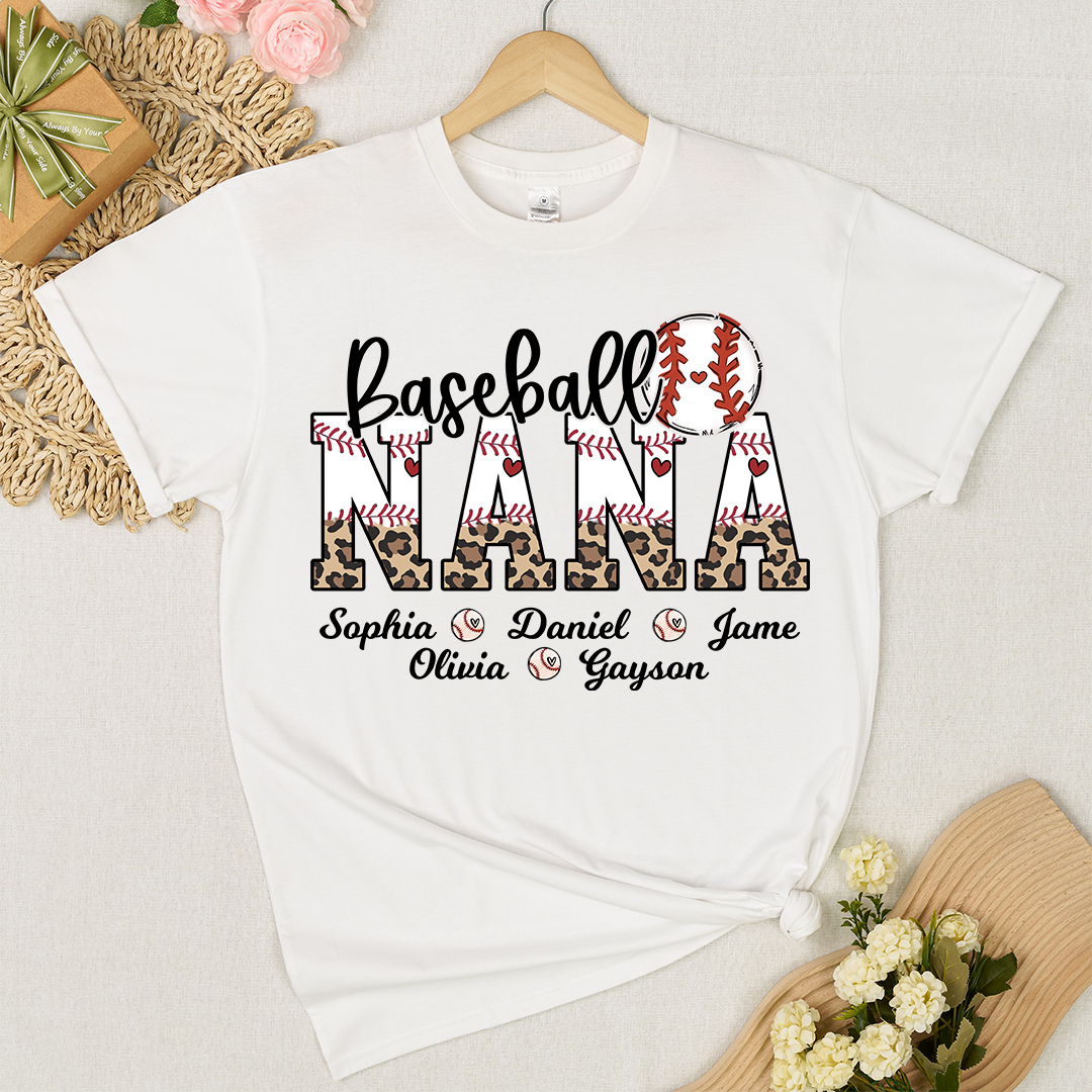Leopard Baseball Nana Personalized Grandma And Grandkids T-shirt