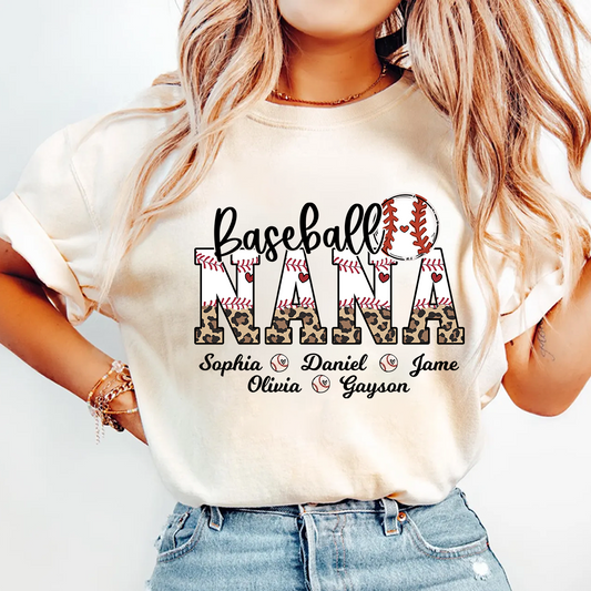 Leopard Baseball Nana Personalized Grandma And Grandkids T-shirt