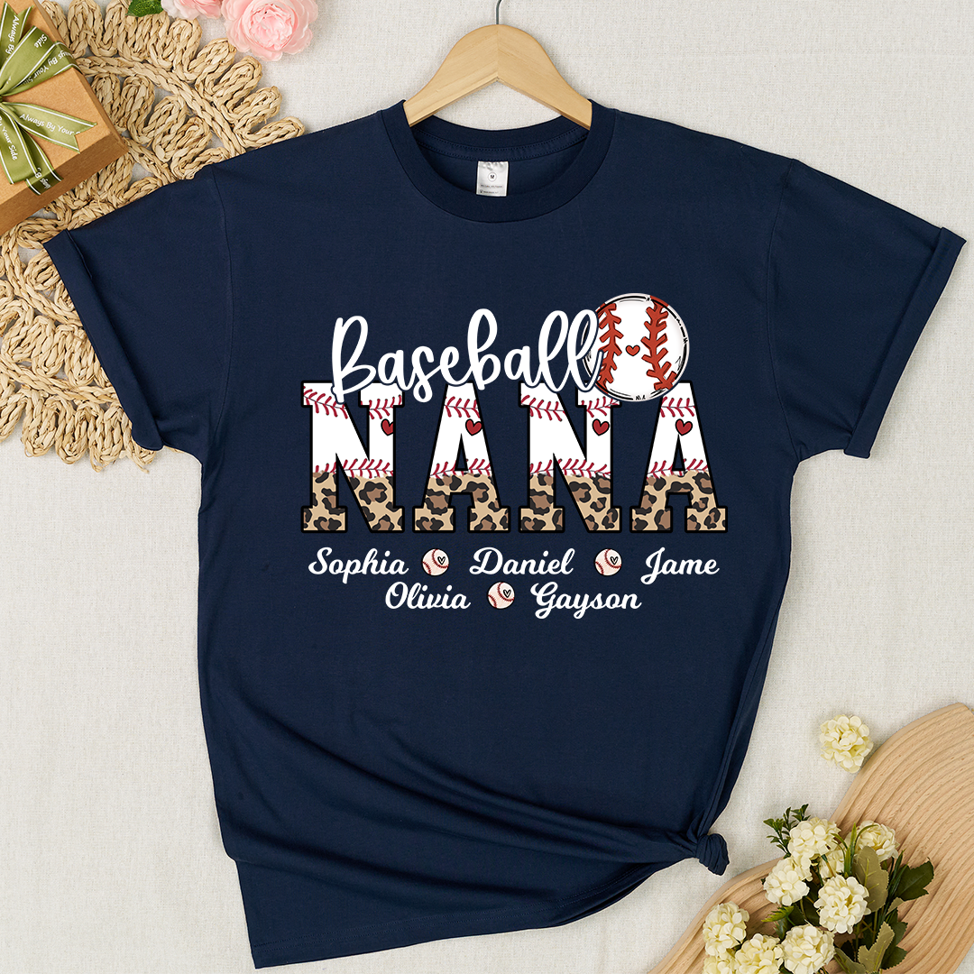 Leopard Baseball Nana Personalized Grandma And Grandkids T-shirt