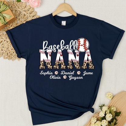 Leopard Baseball Nana Personalized Grandma And Grandkids T-shirt
