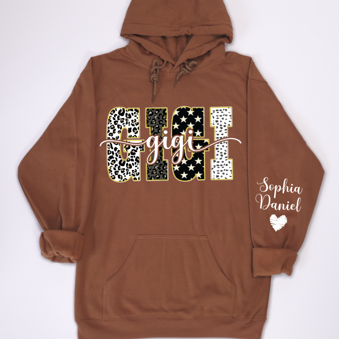 Leopard Gigi Custom Grandma, Mimi, Mama and Grandkids On Sleeve Shirt
