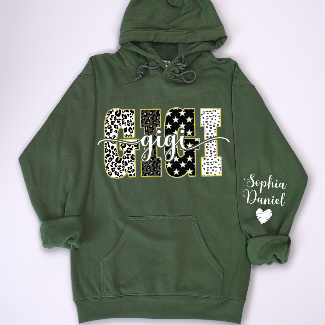 Leopard Gigi Custom Grandma, Mimi, Mama and Grandkids On Sleeve Shirt