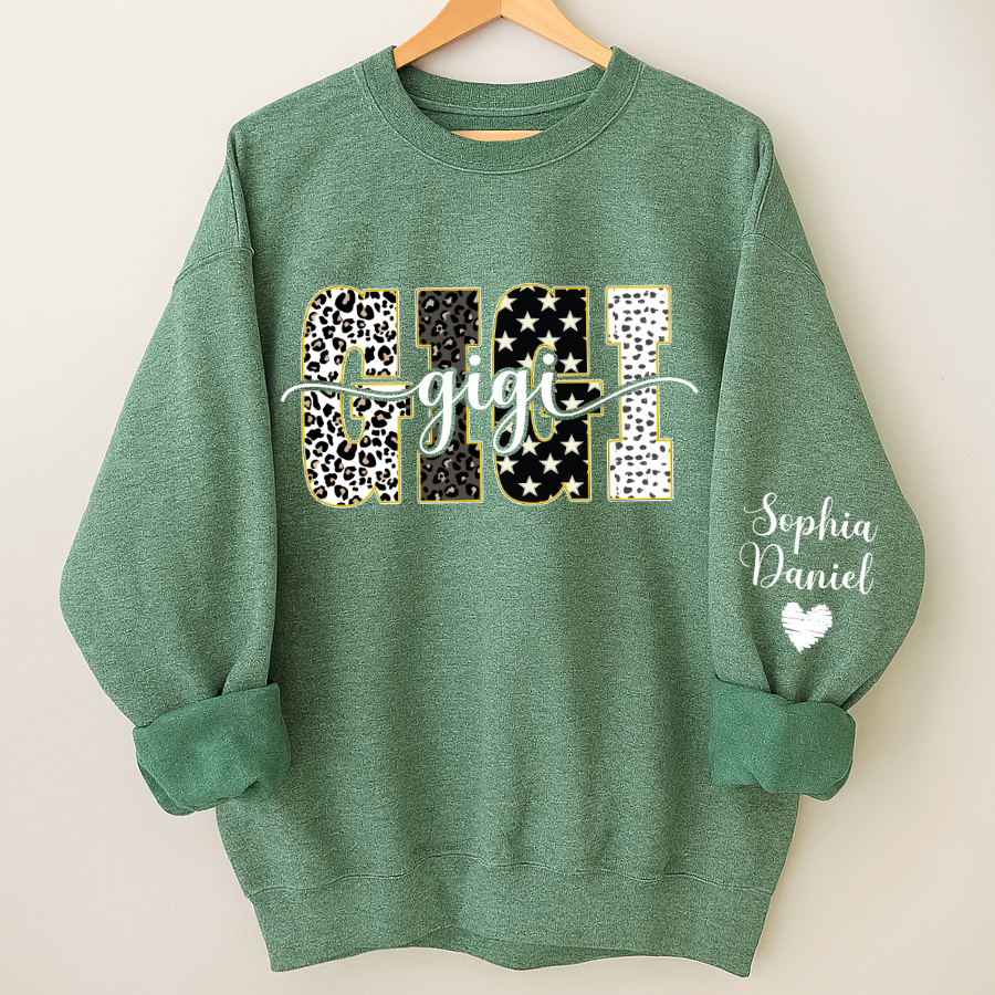 Leopard Gigi Custom Grandma, Mimi, Mama and Grandkids On Sleeve Shirt