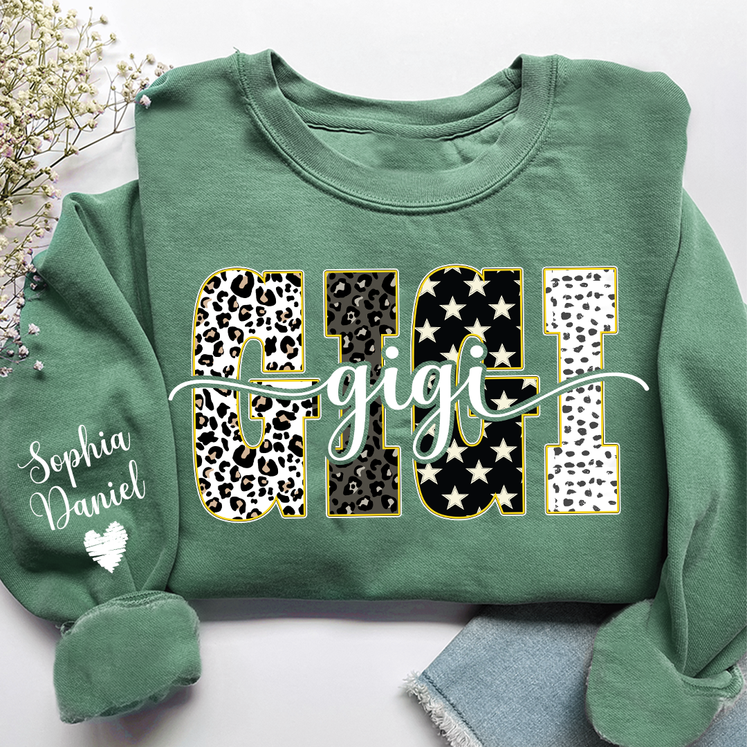 Leopard Gigi Custom Grandma, Mimi, Mama and Grandkids On Sleeve Shirt