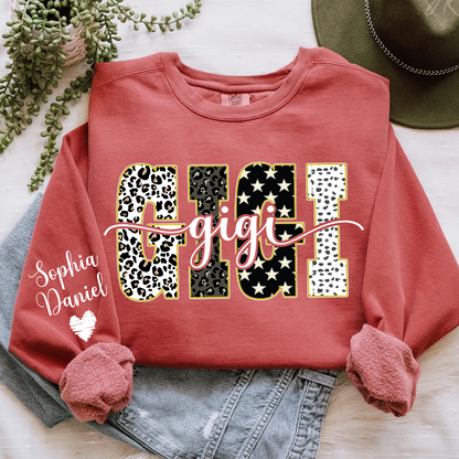 Leopard Gigi Custom Grandma, Mimi, Mama and Grandkids On Sleeve Shirt