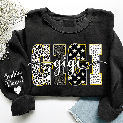Leopard Gigi Custom Grandma, Mimi, Mama and Grandkids On Sleeve Shirt