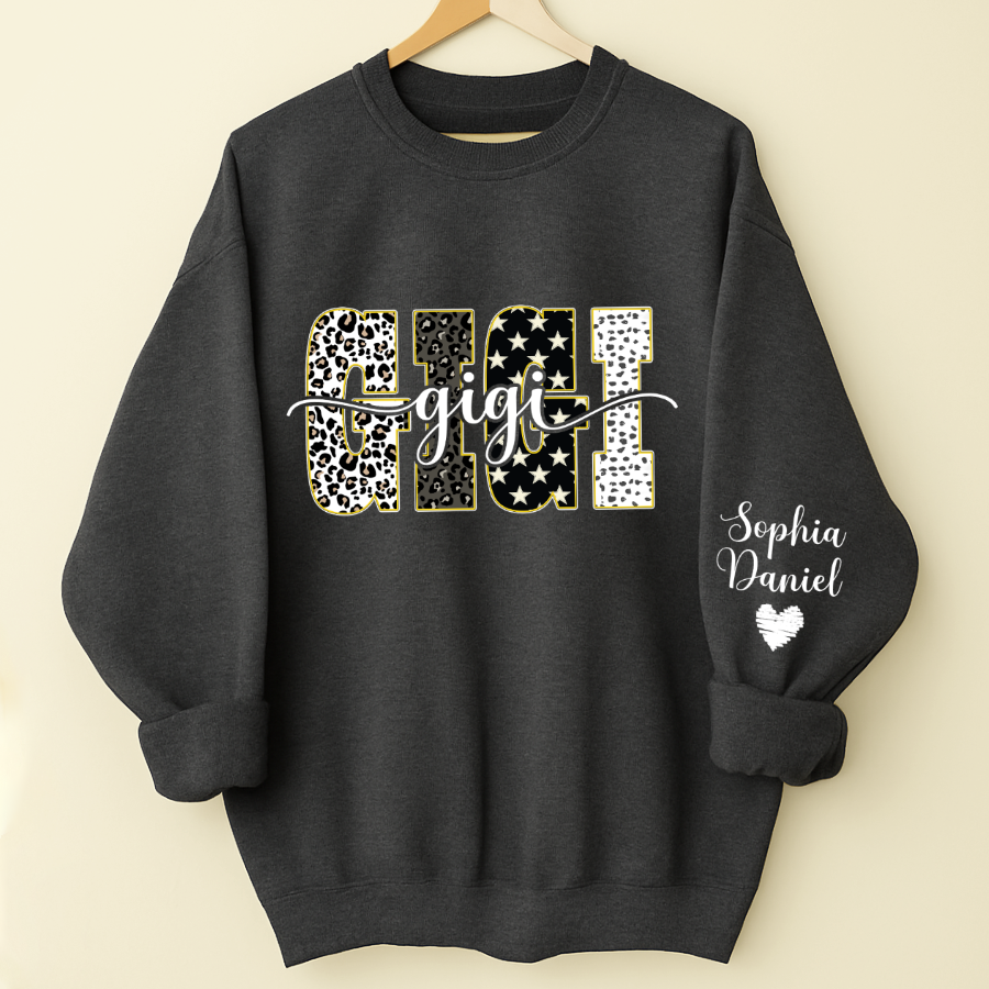 Leopard Gigi Custom Grandma, Mimi, Mama and Grandkids On Sleeve Shirt
