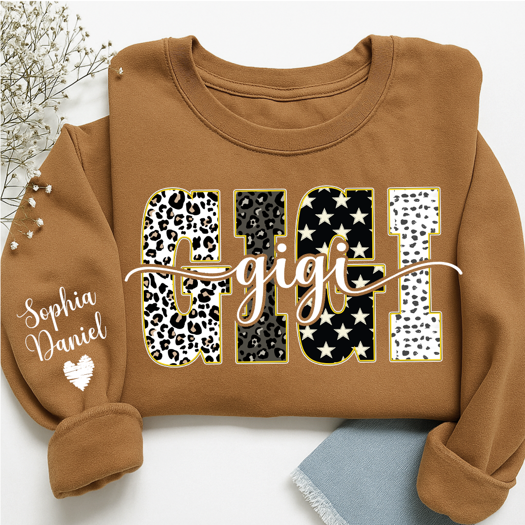 Leopard Gigi Custom Grandma, Mimi, Mama and Grandkids On Sleeve Shirt