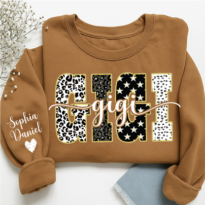 Leopard Gigi Custom Grandma, Mimi, Mama and Grandkids On Sleeve Shirt