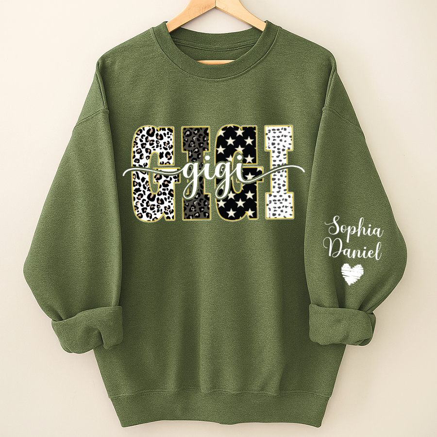 Leopard Gigi Custom Grandma, Mimi, Mama and Grandkids On Sleeve Shirt