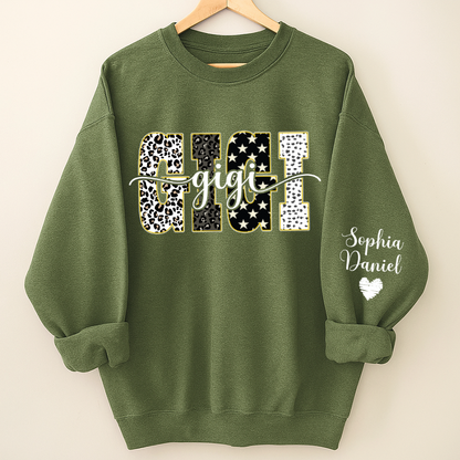Leopard Gigi Custom Grandma, Mimi, Mama and Grandkids On Sleeve Shirt