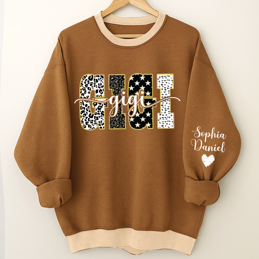 Leopard Gigi Custom Grandma, Mimi, Mama and Grandkids On Sleeve Shirt