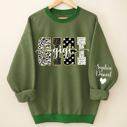 Leopard Gigi Custom Grandma, Mimi, Mama and Grandkids On Sleeve Shirt