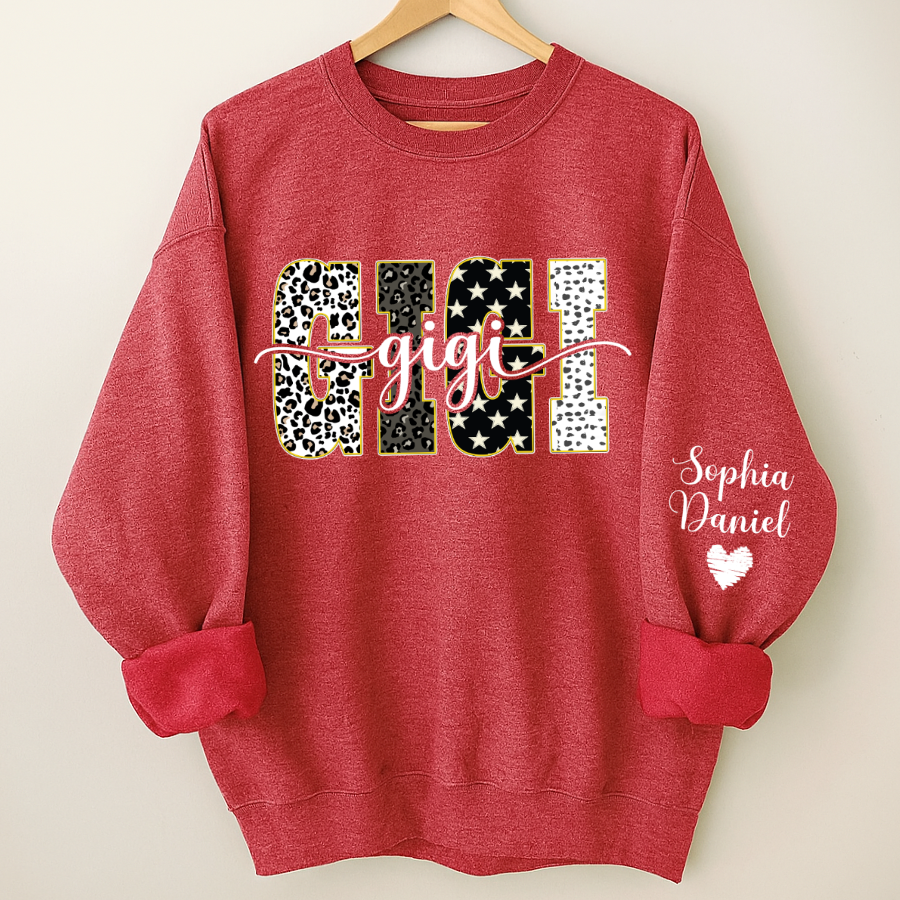 Leopard Gigi Custom Grandma, Mimi, Mama and Grandkids On Sleeve Shirt