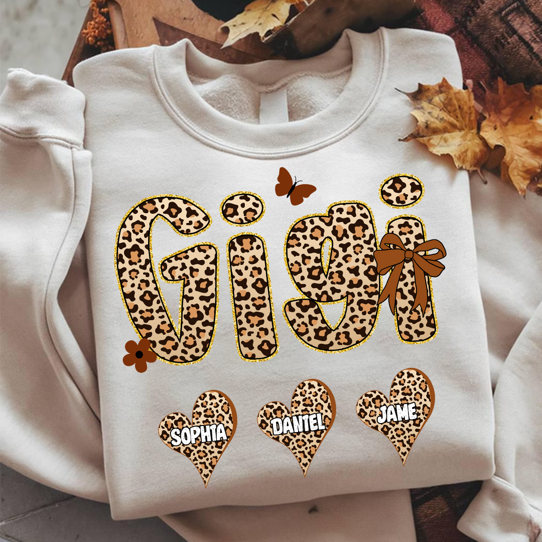 Leopard Heart Gigi Custom Grandma and Grandkids Shirt