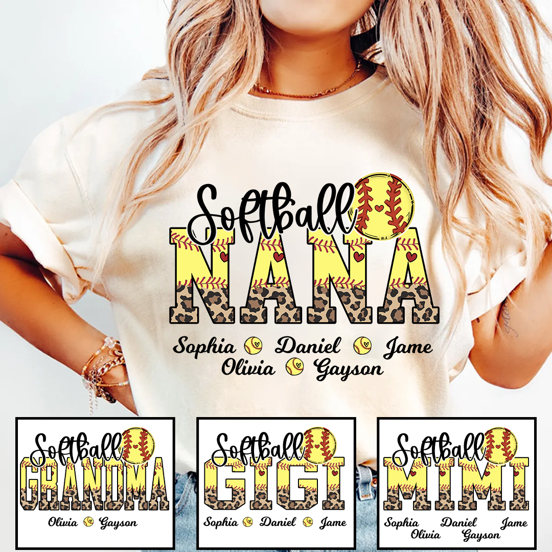 Leopard Softball Nana Personalized Grandma And Grandkids T-shirt
