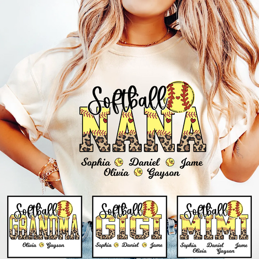 Leopard Softball Nana Personalized Grandma And Grandkids T-shirt