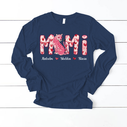 Leopard Valentine's Mimi, Personalized Mimi and Grandkids Heart Shirt