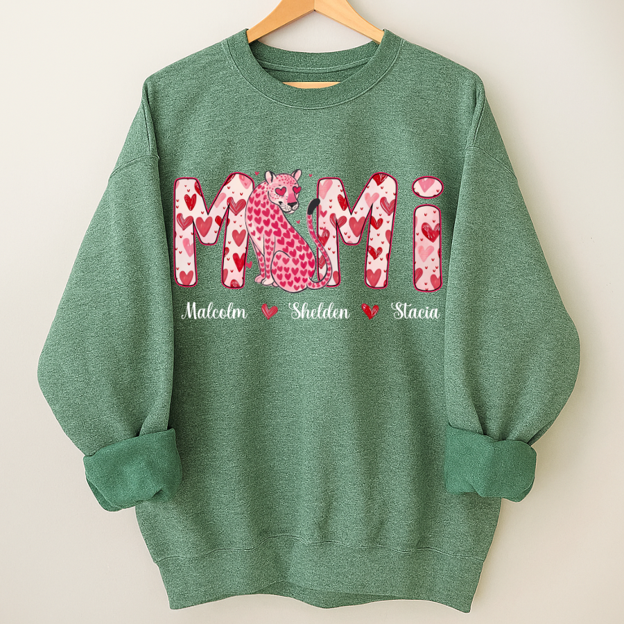 Leopard Valentine's Mimi, Personalized Mimi and Grandkids Heart Shirt
