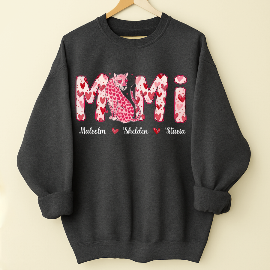 Leopard Valentine's Mimi, Personalized Mimi and Grandkids Heart Shirt