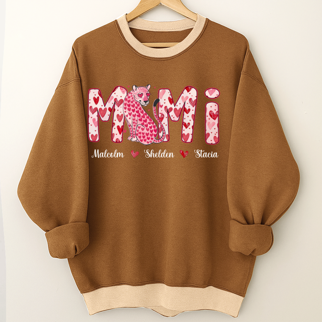 Leopard Valentine's Mimi, Personalized Mimi and Grandkids Heart Shirt