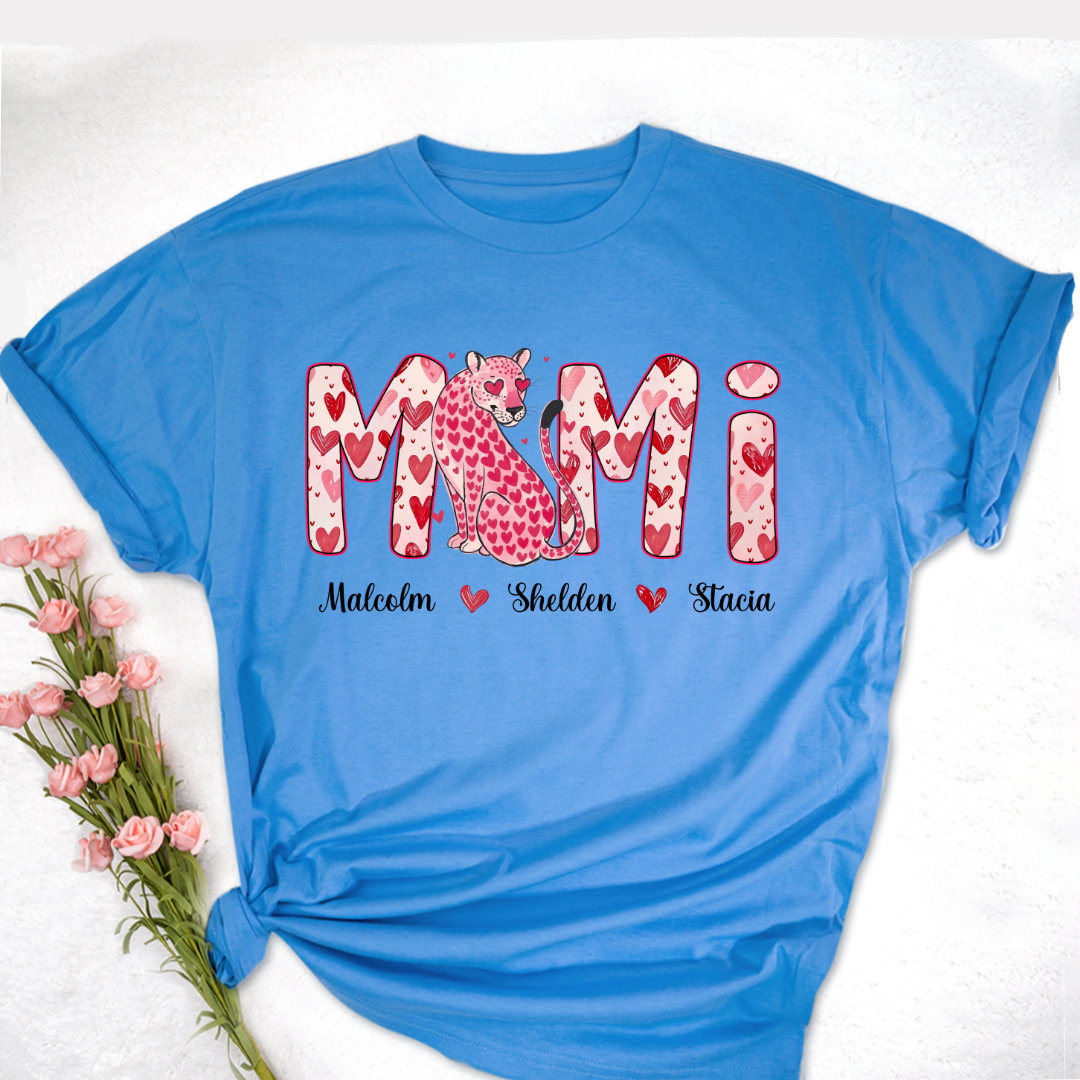 Leopard Valentine's Mimi, Personalized Mimi and Grandkids Heart Shirt
