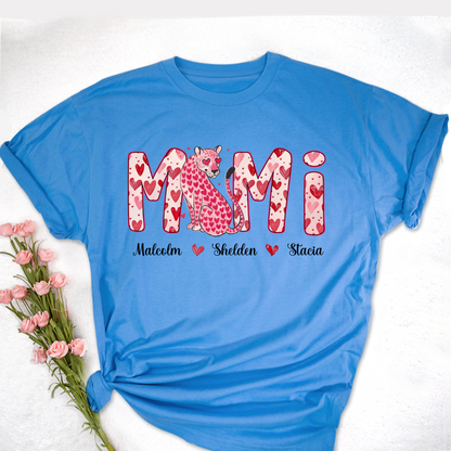Leopard Valentine's Mimi, Personalized Mimi and Grandkids Heart Shirt