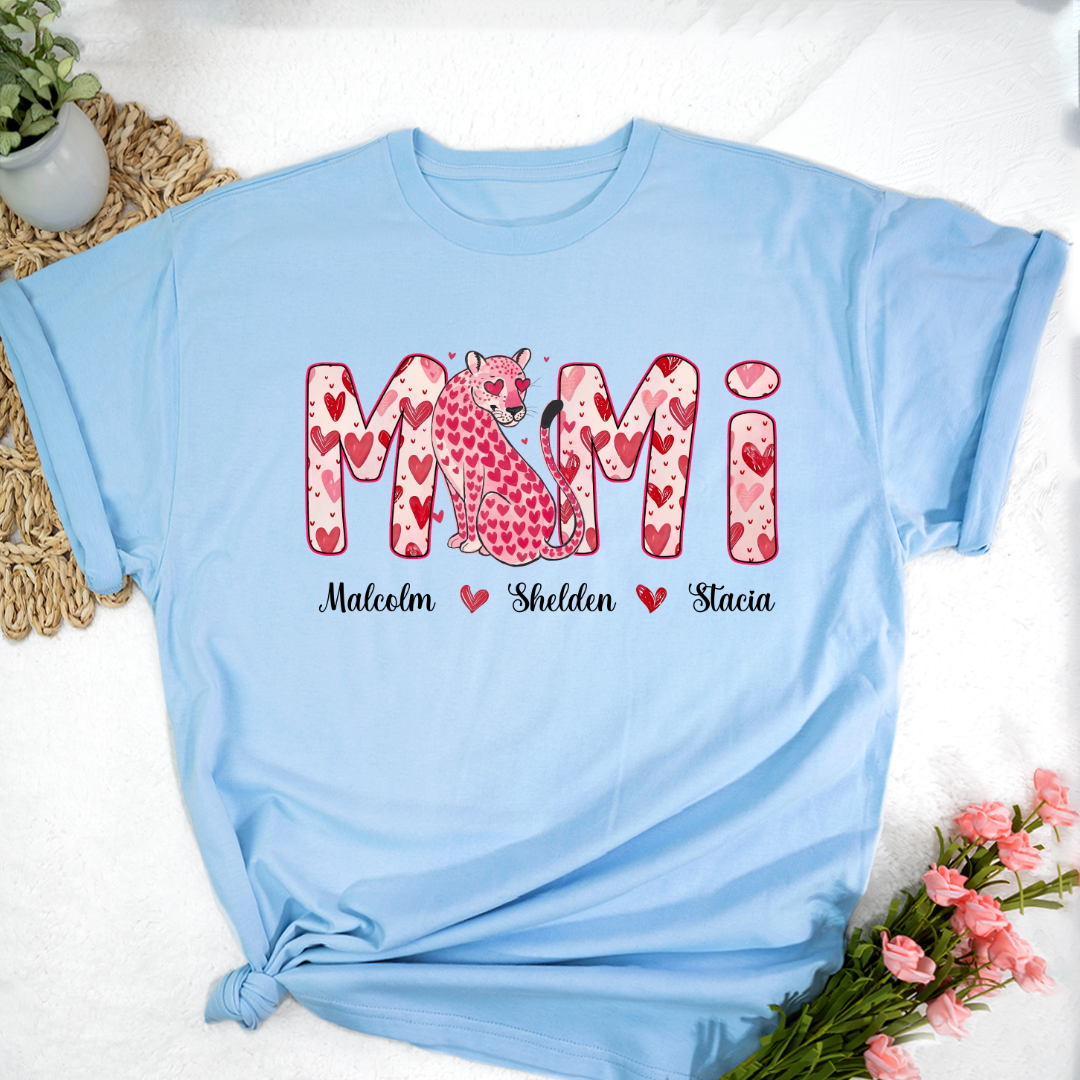 Leopard Valentine's Mimi, Personalized Mimi and Grandkids Heart Shirt