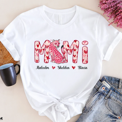 Leopard Valentine's Mimi, Personalized Mimi and Grandkids Heart Shirt