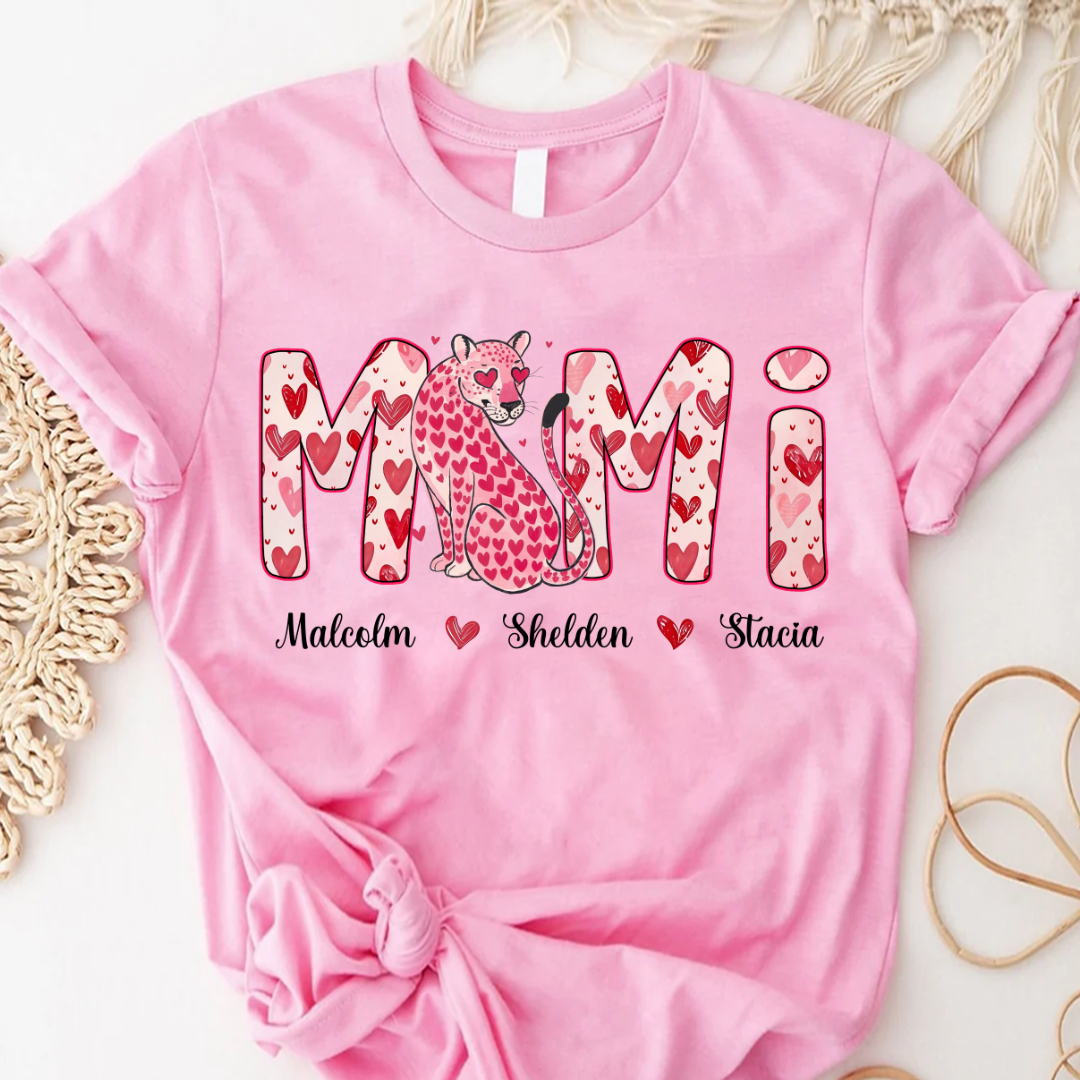Leopard Valentine's Mimi, Personalized Mimi and Grandkids Heart Shirt