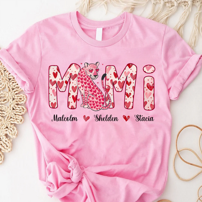 Leopard Valentine's Mimi, Personalized Mimi and Grandkids Heart Shirt