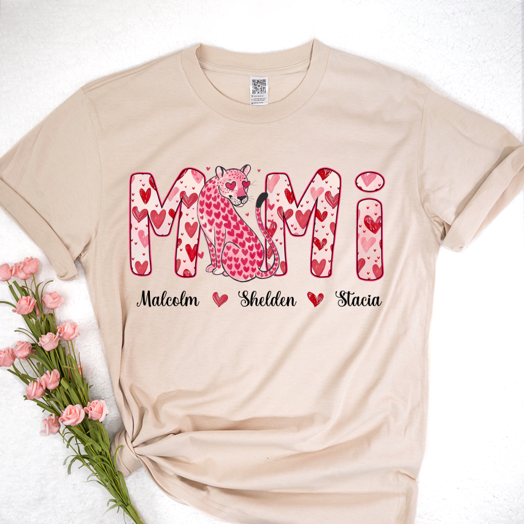 Leopard Valentine's Mimi, Personalized Mimi and Grandkids Heart Shirt