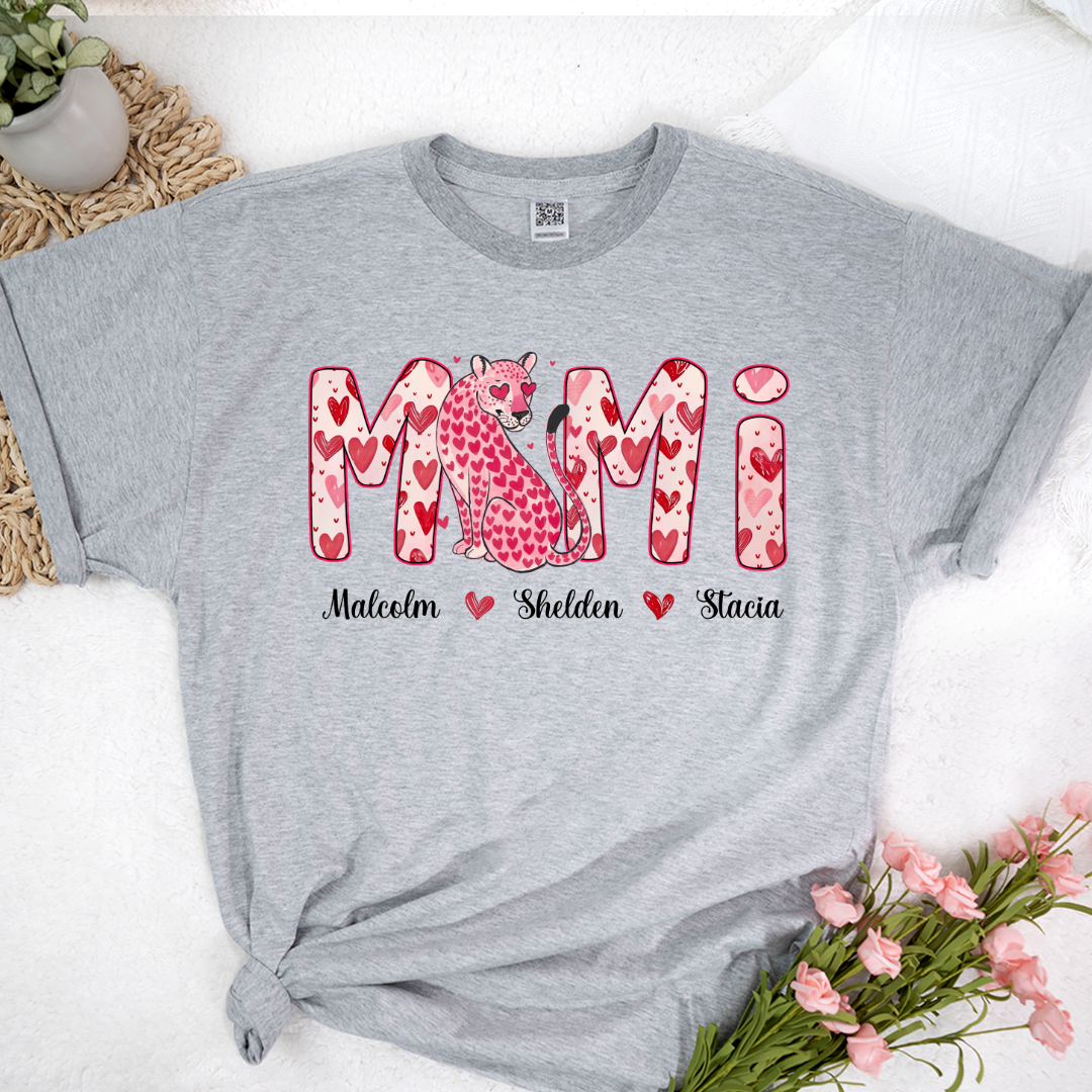 Leopard Valentine's Mimi, Personalized Mimi and Grandkids Heart Shirt