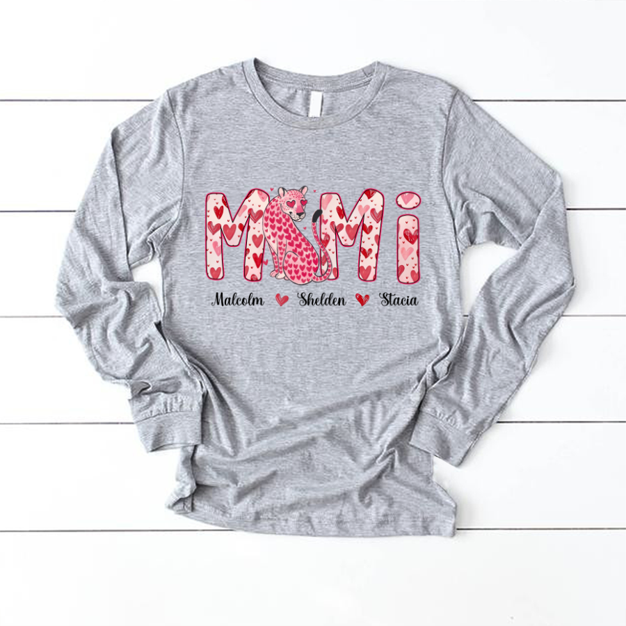 Leopard Valentine's Mimi, Personalized Mimi and Grandkids Heart Shirt