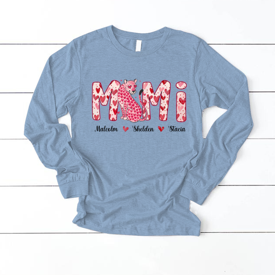 Leopard Valentine's Mimi, Personalized Mimi and Grandkids Heart Shirt