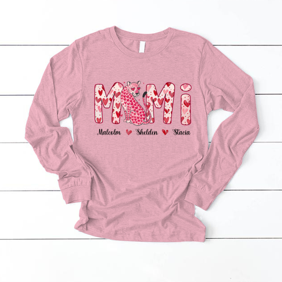 Leopard Valentine's Mimi, Personalized Mimi and Grandkids Heart Shirt