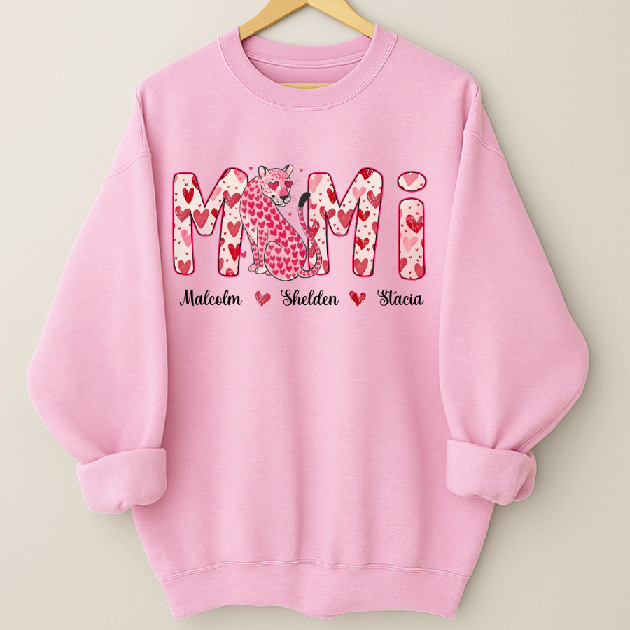 Leopard Valentine's Mimi, Personalized Mimi and Grandkids Heart Shirt