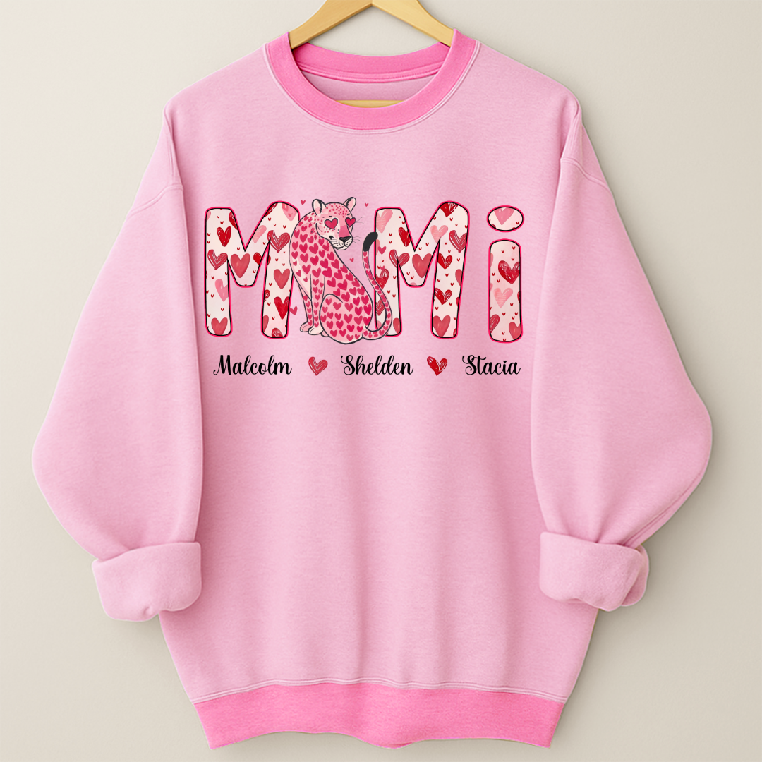 Leopard Valentine's Mimi, Personalized Mimi and Grandkids Heart Shirt