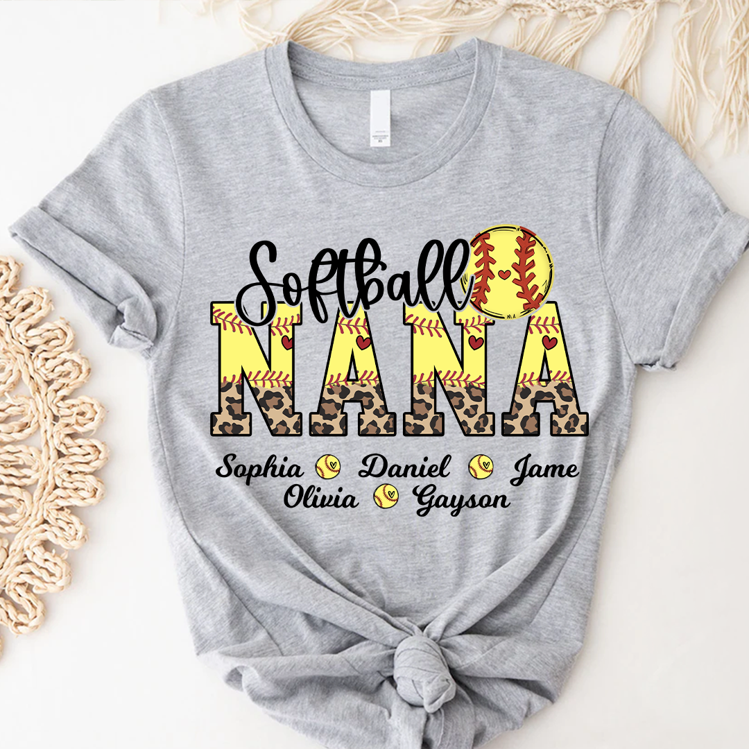 Leopard Softball Nana Personalized Grandma And Grandkids T-shirt